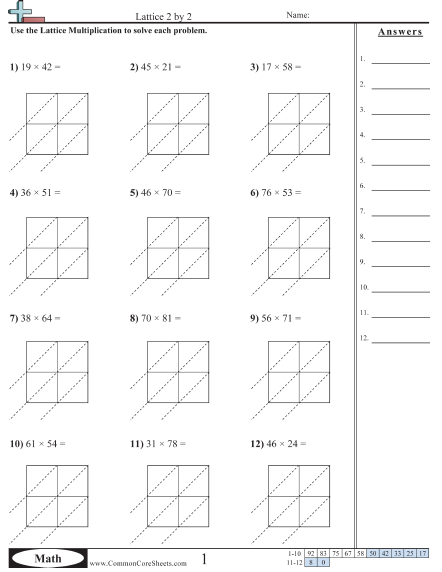 Multiplication Worksheets - Lattice 2 by 2  worksheet